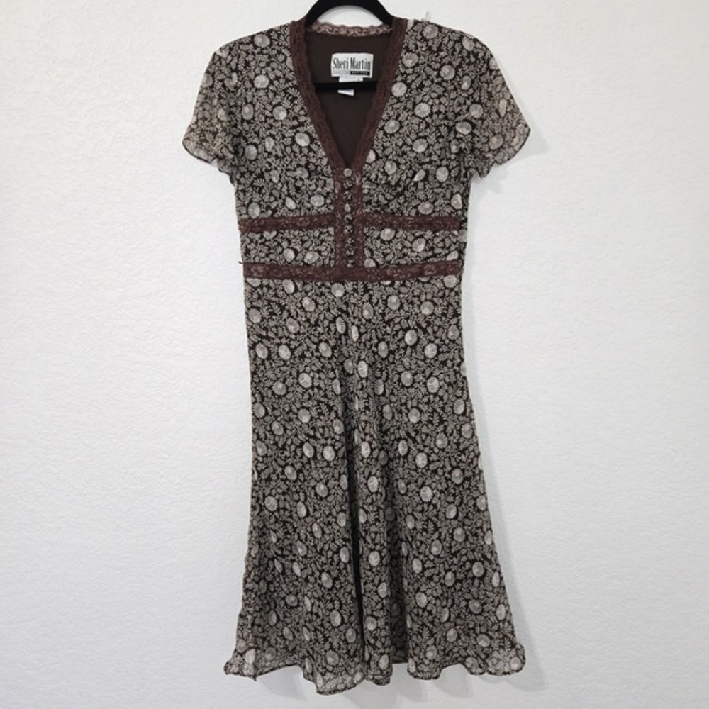 Vintage Y2k 6p Brown Floral Print Midi Dress Short Sleeve Babydoll‎